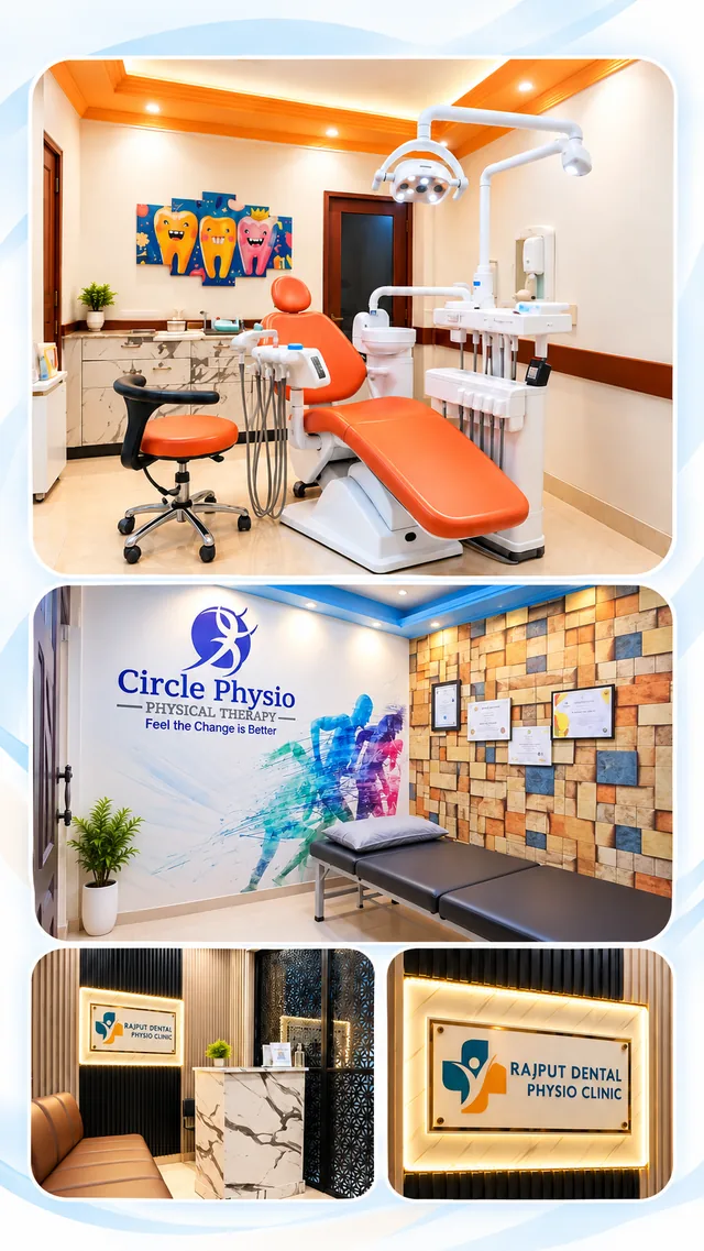 Clinic collage showing dental and physiotherapy treatment rooms, reception and Rajput Dental and Physio Clinic signage