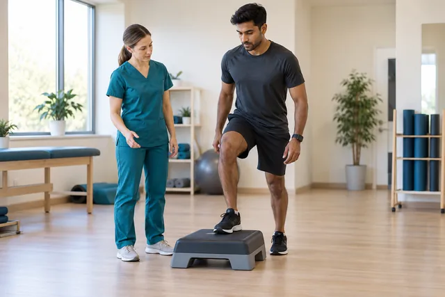 Illustration of a supervised step exercise during sports rehabilitation
