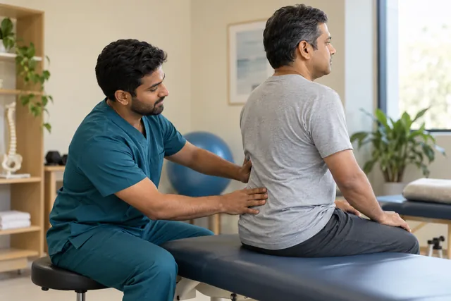 Illustration of a physiotherapist assessing a seated patient’s lower back