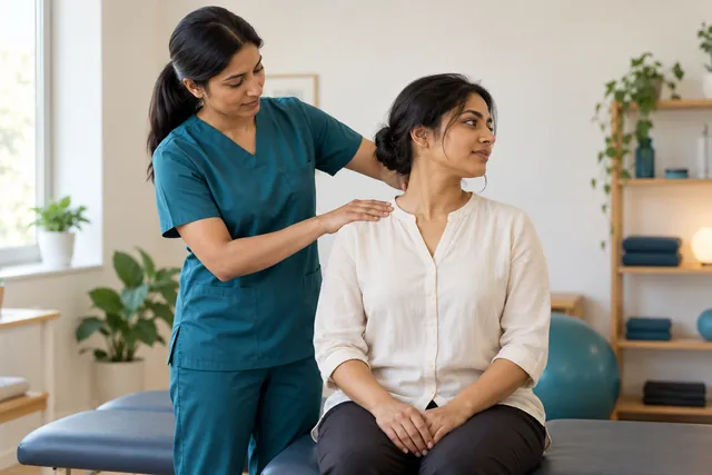Illustration of a physiotherapist guiding a gentle neck movement assessment