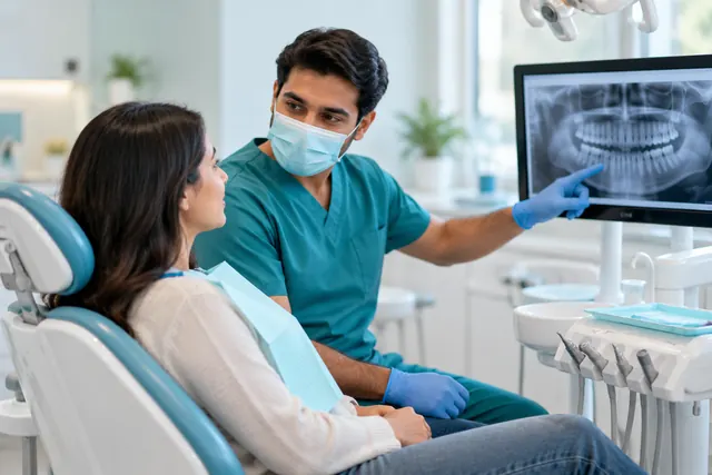 Illustrative dentist reviewing dental imaging with a patient