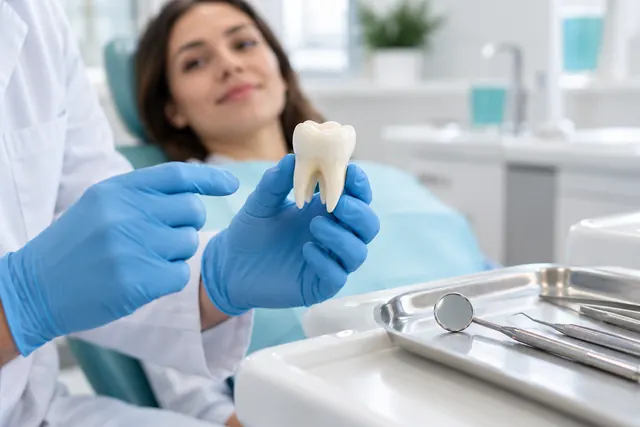 Illustrative dentist showing a tooth during a consultation