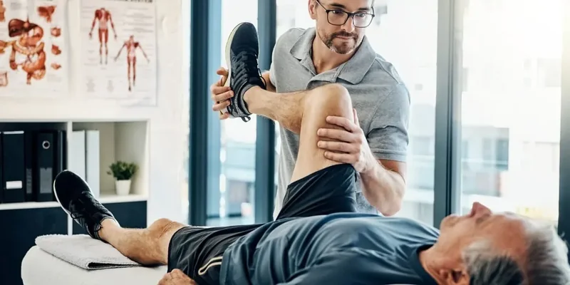 A practitioner assessing knee and leg movement
