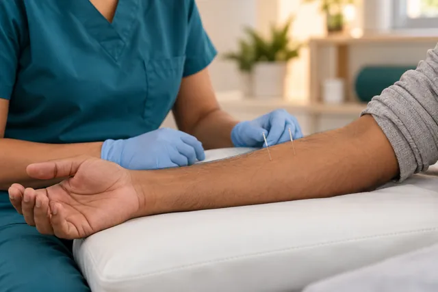 Illustrative acupuncture scene with fine needles in a patient’s forearm