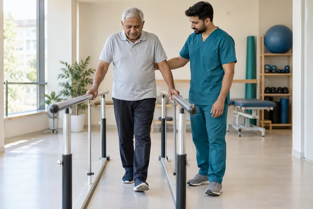 Illustration of supervised walking practice between rehabilitation handrails
