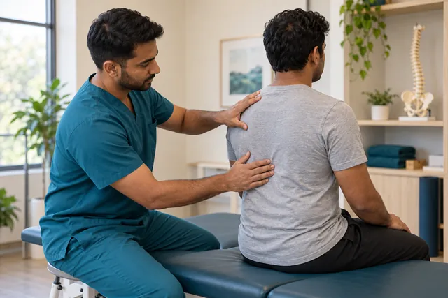 Illustrative chiropractic consultation with a gentle seated back assessment