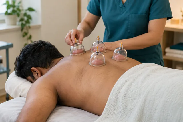 Illustrative dry cupping session with transparent cups on a patient’s upper back