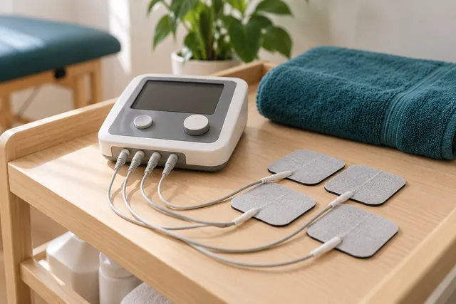 Illustration of an unbranded electrotherapy unit with electrode pads