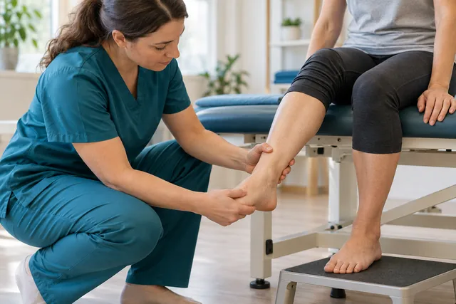Illustration of a physiotherapist supporting a foot during an ankle assessment