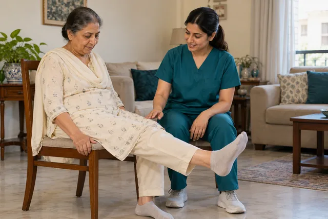 Illustration of a home physiotherapy visit with a seated leg exercise