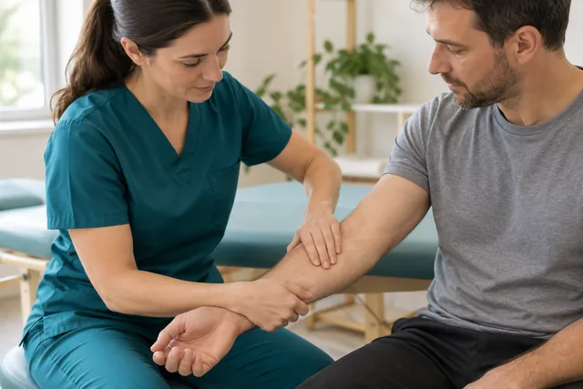 Illustration of gentle hands-on forearm treatment