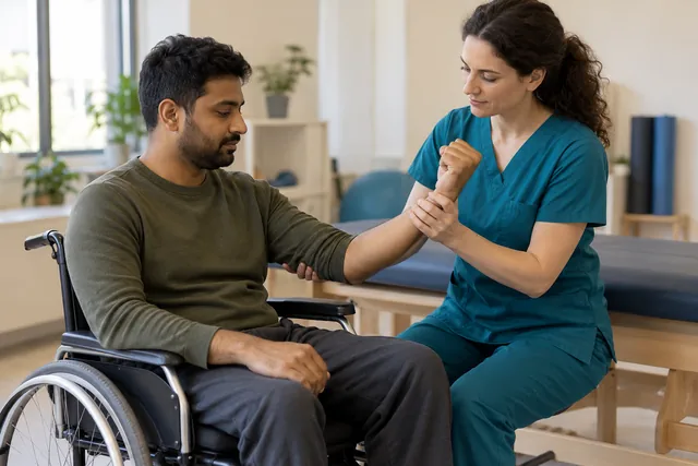 Illustration of supported arm movement practice for a wheelchair user