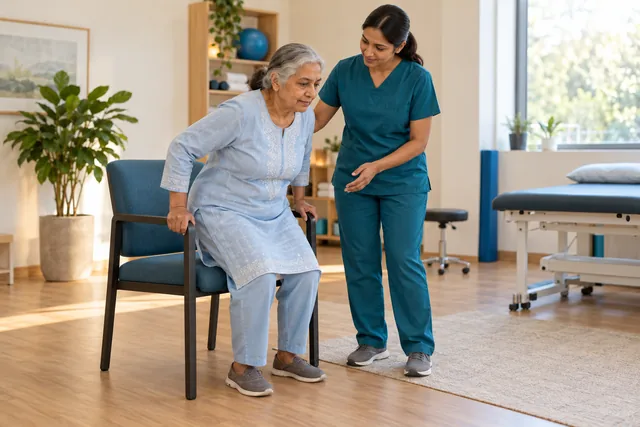 Illustration of an older adult practising standing from a chair with supervision