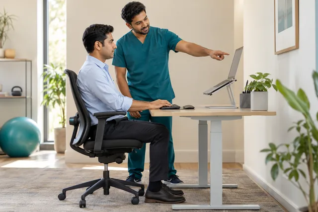 Illustration of a physiotherapist reviewing a seated workstation setup