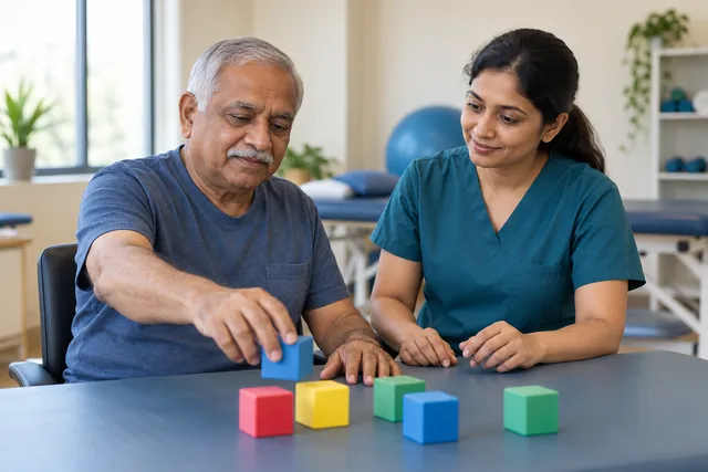Illustration of supervised reaching and grasping practice at a rehabilitation table