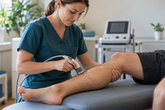 Illustration of a therapeutic ultrasound handpiece applied to a patient’s leg